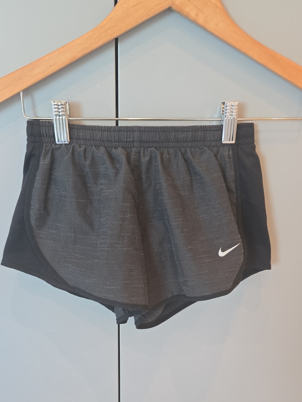 Nike Kids Gray And Black Athletic Shorts with White Swoosh